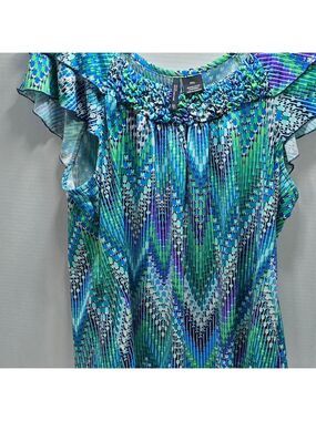 New Directions Blue Green Patterned Blouse